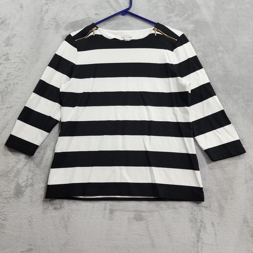 Chico's Top Womens 1/M Black White Striped Boat Neck Zipper Shoulder 3/4 Sleeve